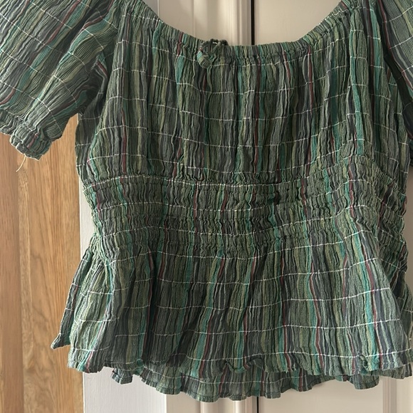 ๐ Free people Vivi smocked striped green blouse boho chic short sleeve medium - Picture 7 of 12